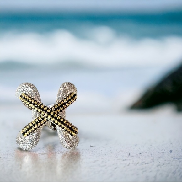 NEW Yellow & Black High Carbon Lab Sapphire Simulant Lace Up Wide Statement Ring - Picture 12 of 16